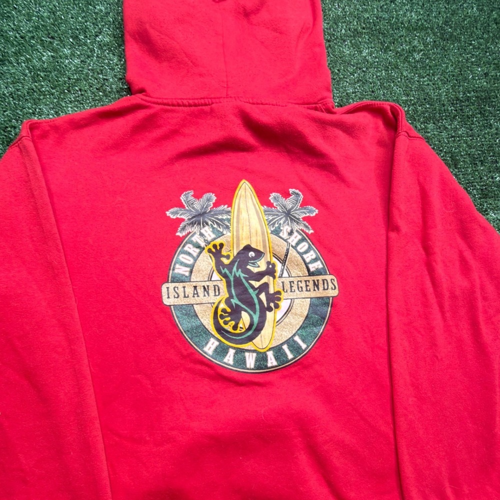 VTG surf style North Shore Island Legend Hawaii Hoodie Red Men L Gecko Surfboard